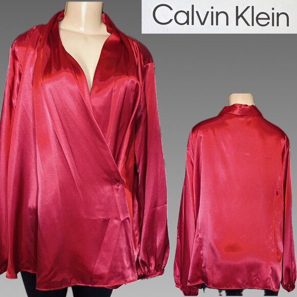Calvin Klein +2X Solid Red Satin On Button Wrap V-Neckline Long Sleeve Blouse - Picture 1 of 6